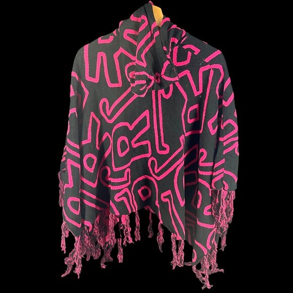 John Richmond Black & Pink Hooded Poncho Scarf With Fringes Made in Italy - Picture 2 of 6